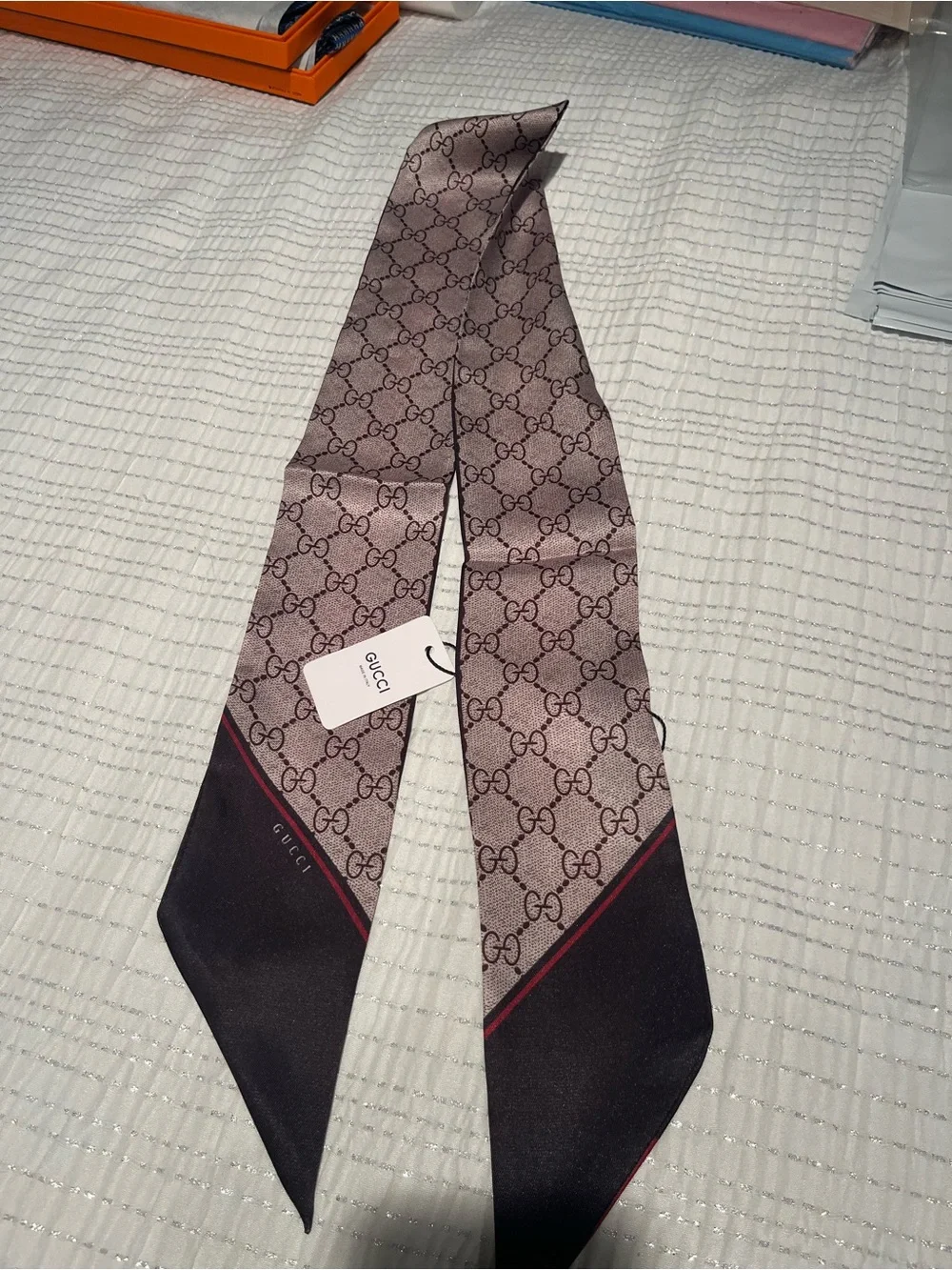 Gucci Slim Silk Scarf in Burgundy and Black with GG Motif